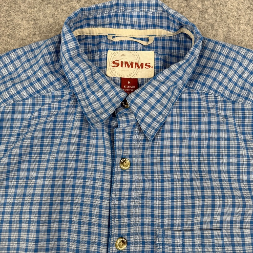 Simms Shirt Men's Medium‎ Blue Fishing Plaid Vented Short Sleeve Outdoor Hiking